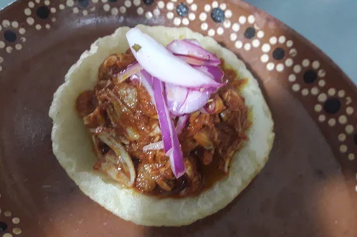Cochinita pibil taco topped with pickled red onion on a patterned clay plate