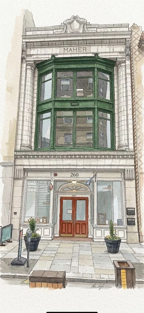 Illustration of a historic building with a Victorian facade, featuring a green bay window above the entrance. The building has white details and a sign with the word "MAHER" at the top, and the number "260" above the door.