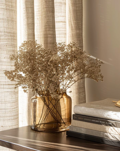 A glass vase with dried flowers on a table next to a stack of books and a closed laptop, with beige curtains in the background.