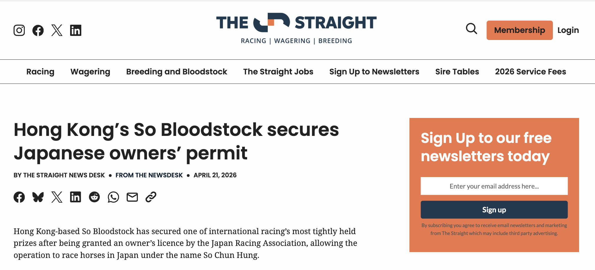 Hong Kong’s So Bloodstock secures Japanese owners’ permit
