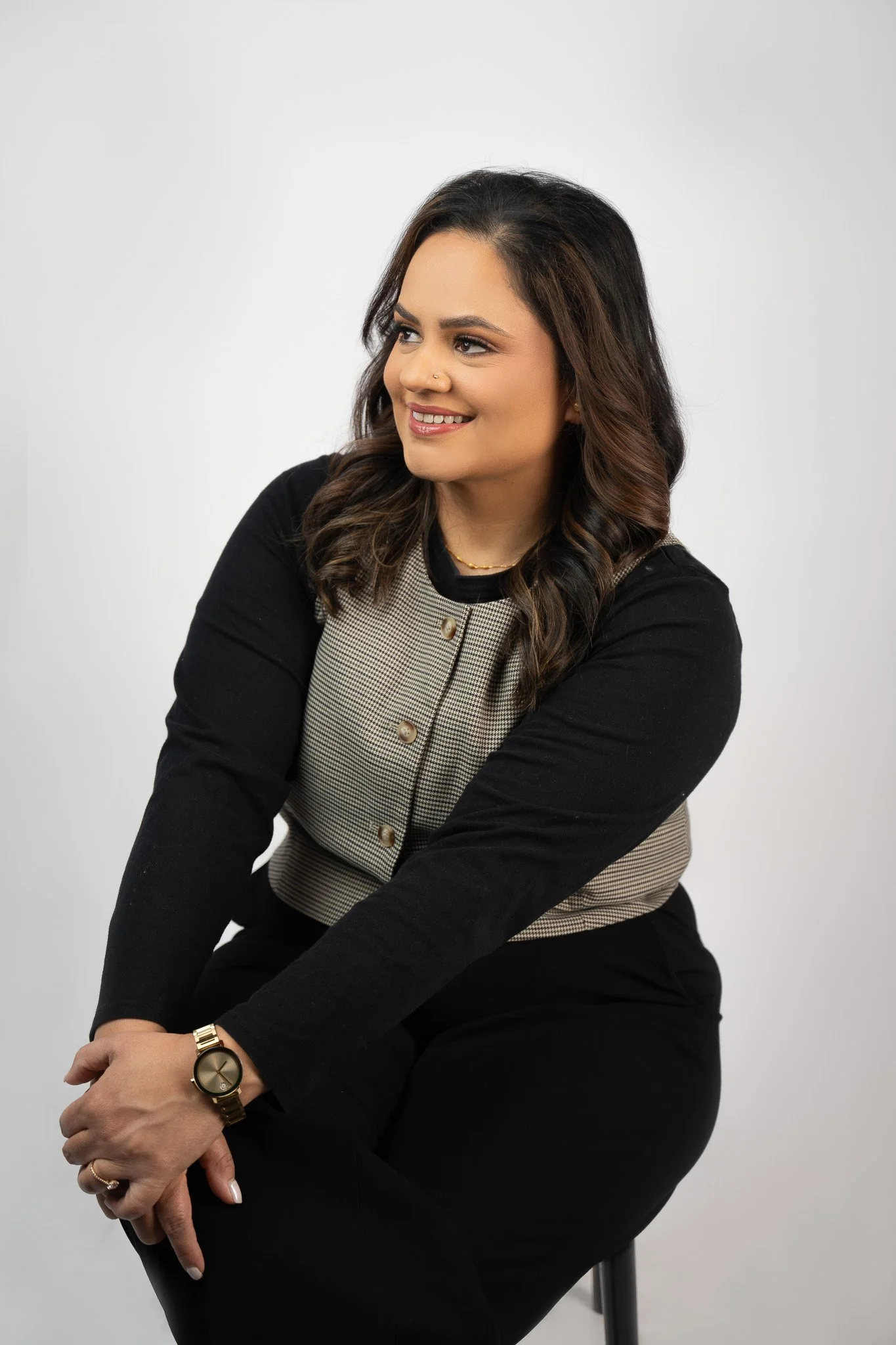 Professional headshot on a white backdrop demonstrating a clean, timeless, professional headshot photographed in Edmonton, Alberta.