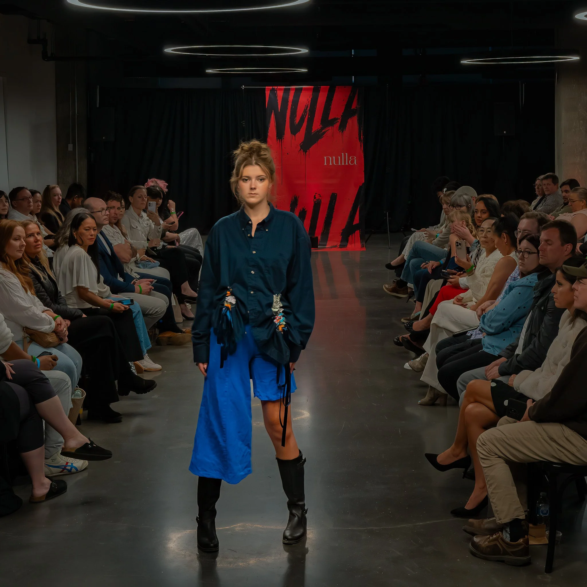 Fashion runway show with a female model walking down the runway, audience seated on both sides, and a red backdrop with black brushstroke designs and the words 'nulla' and 'NOLLA' behind the model.