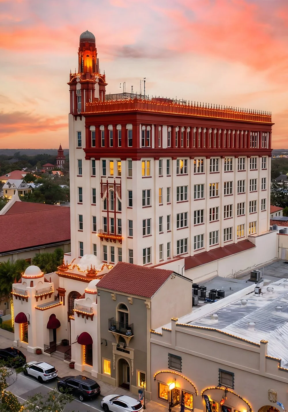 Sunset Photo showcasing the views of Tower Suite inside the Treasury Building in St. Augustine, Florida. 