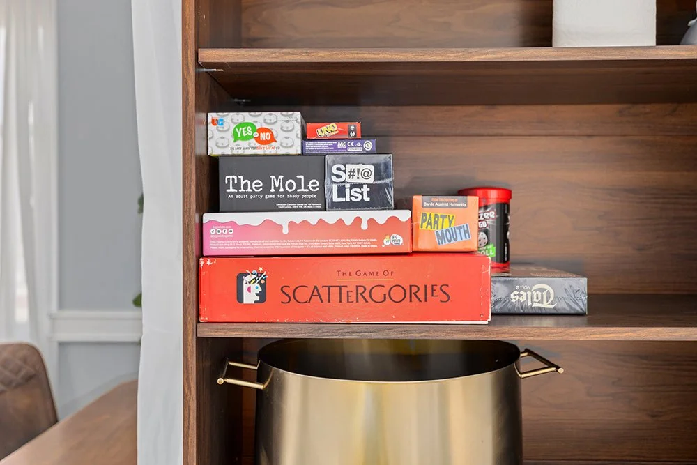 The Tower Suite is stocked with many games, paper products, and steamers. 
