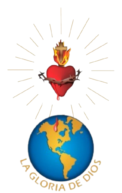 Un corazón con una llama y una cruz en la parte superior, suspendido sobre unglobo terráqueo.
