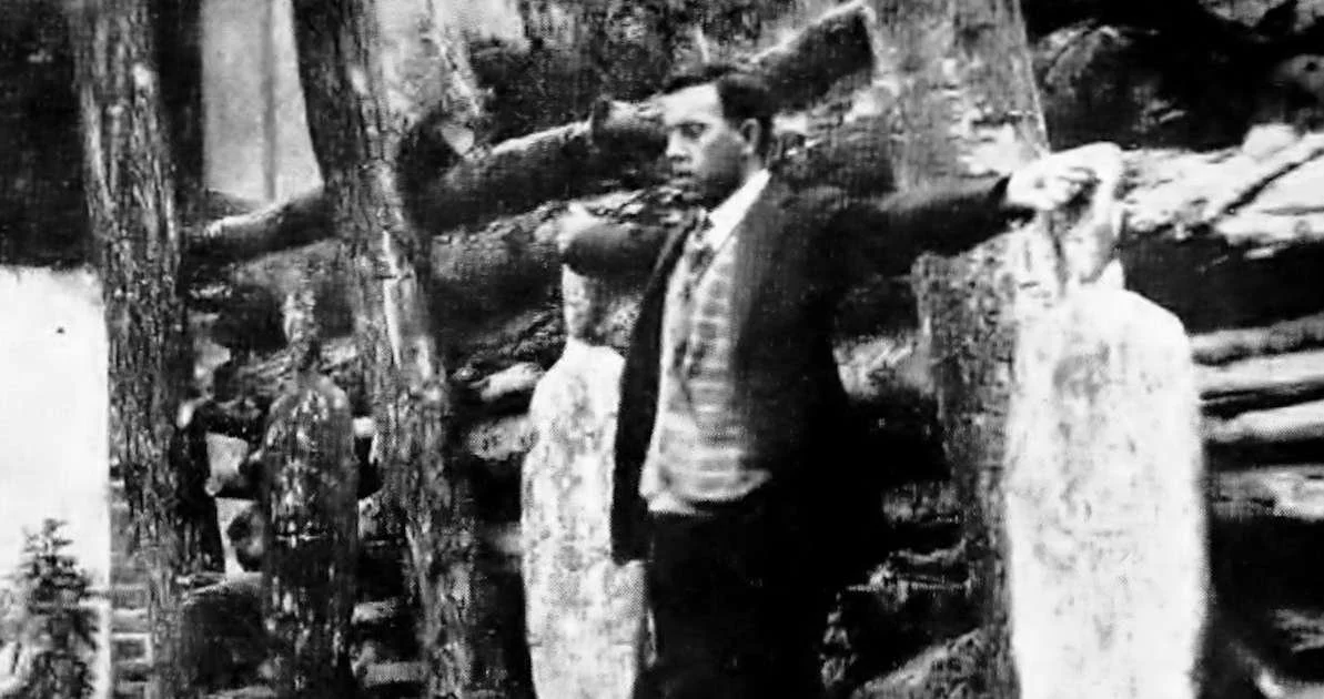 Hombre con traje en un entorno natural, rodeado de árboles y madera apilada.