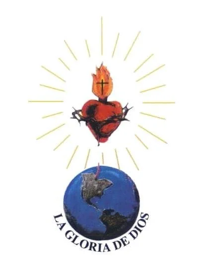 Corazón sagrado con llama y cruz en la parte superior, rodeado de rayos de luz, sobre una imagen del planeta Tierra, con el texto 'La gloria de Dios' debajo.
