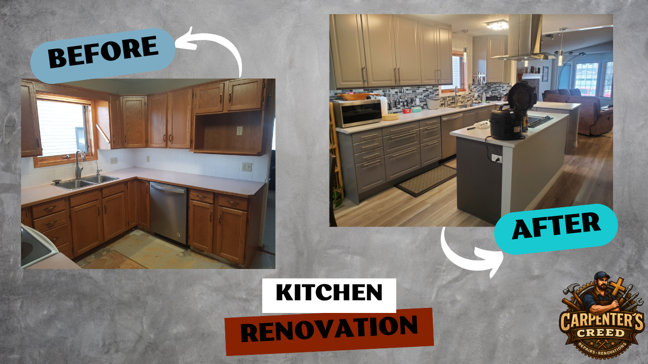 Fully transformed kitchen featuring refreshed cabinetry with modern hardware, durable laminate countertops, new backsplash and durable plank flooring. A custom center island was built to provide both extra prep space and a contemporary focal point.