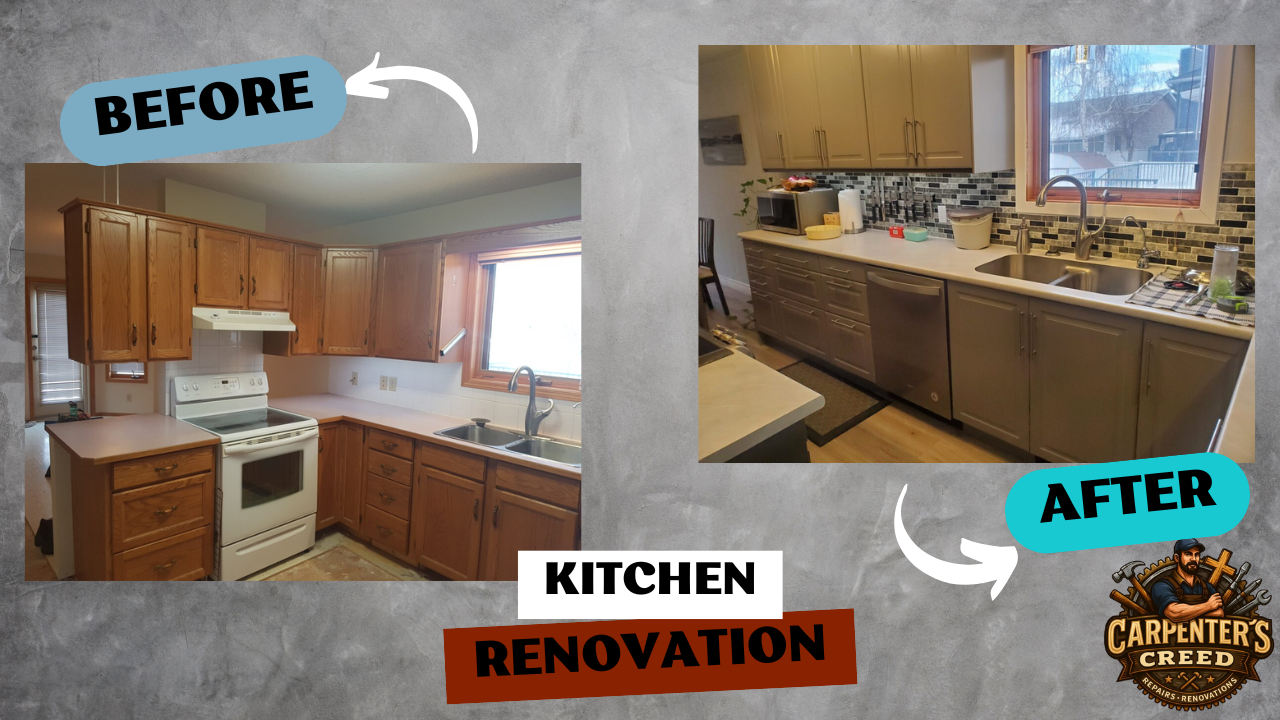 Fully transformed kitchen featuring refreshed cabinetry with modern hardware, durable laminate countertops, new backsplash and durable plank flooring. A custom center island was built to provide both extra prep space and a contemporary focal point.