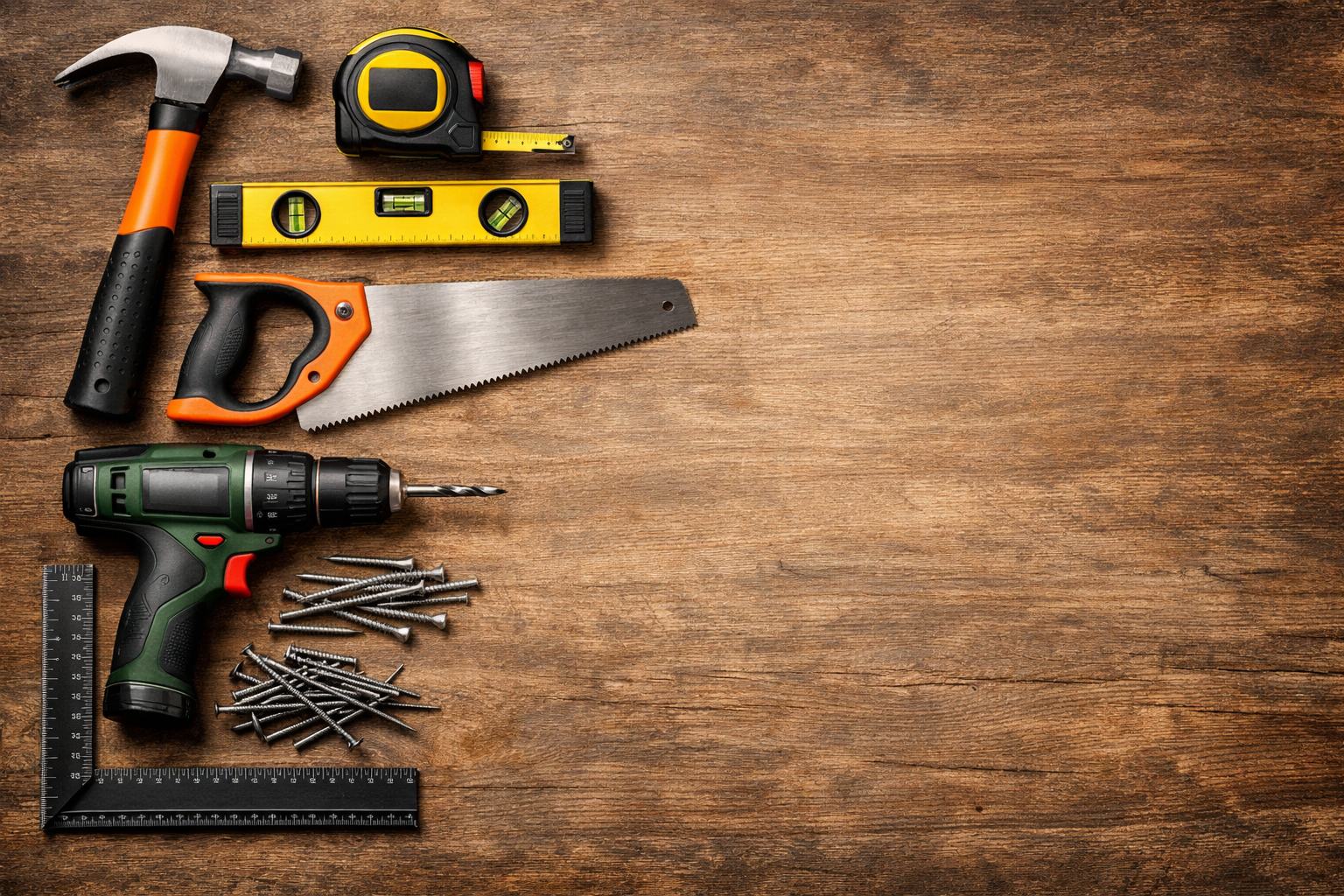 carpentry tools on rustic wood
