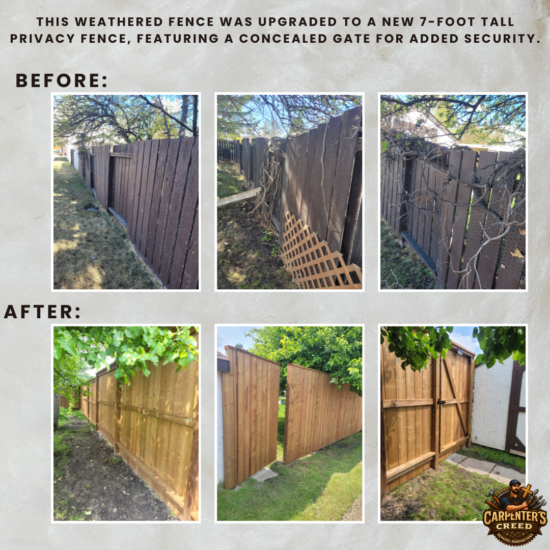 Comparison of old and new fences showing a weathered, damaged fence upgraded to a new, taller, and secure wooden privacy fence with a concealed gate.