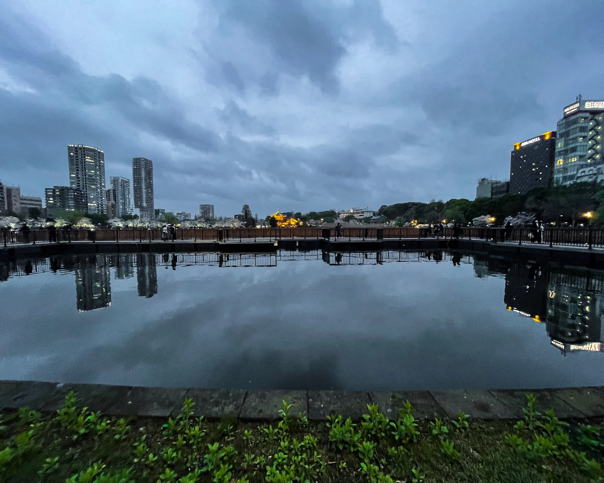 Cityscape at dusk with high-rise buildings reflected in a calm body of water, cloudy sky, and greenery at the foreground.