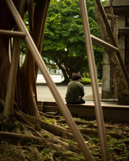 一人坐在榕樹下的長椅上，金屬桿與粗壯的樹根框住畫面，台灣