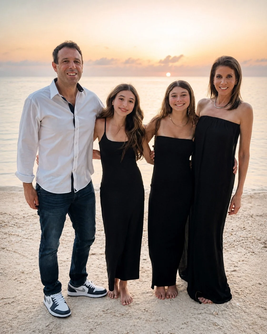 Family of four on the beach during sunset, smiling and standing close together, with the ocean and setting sun in the background.
