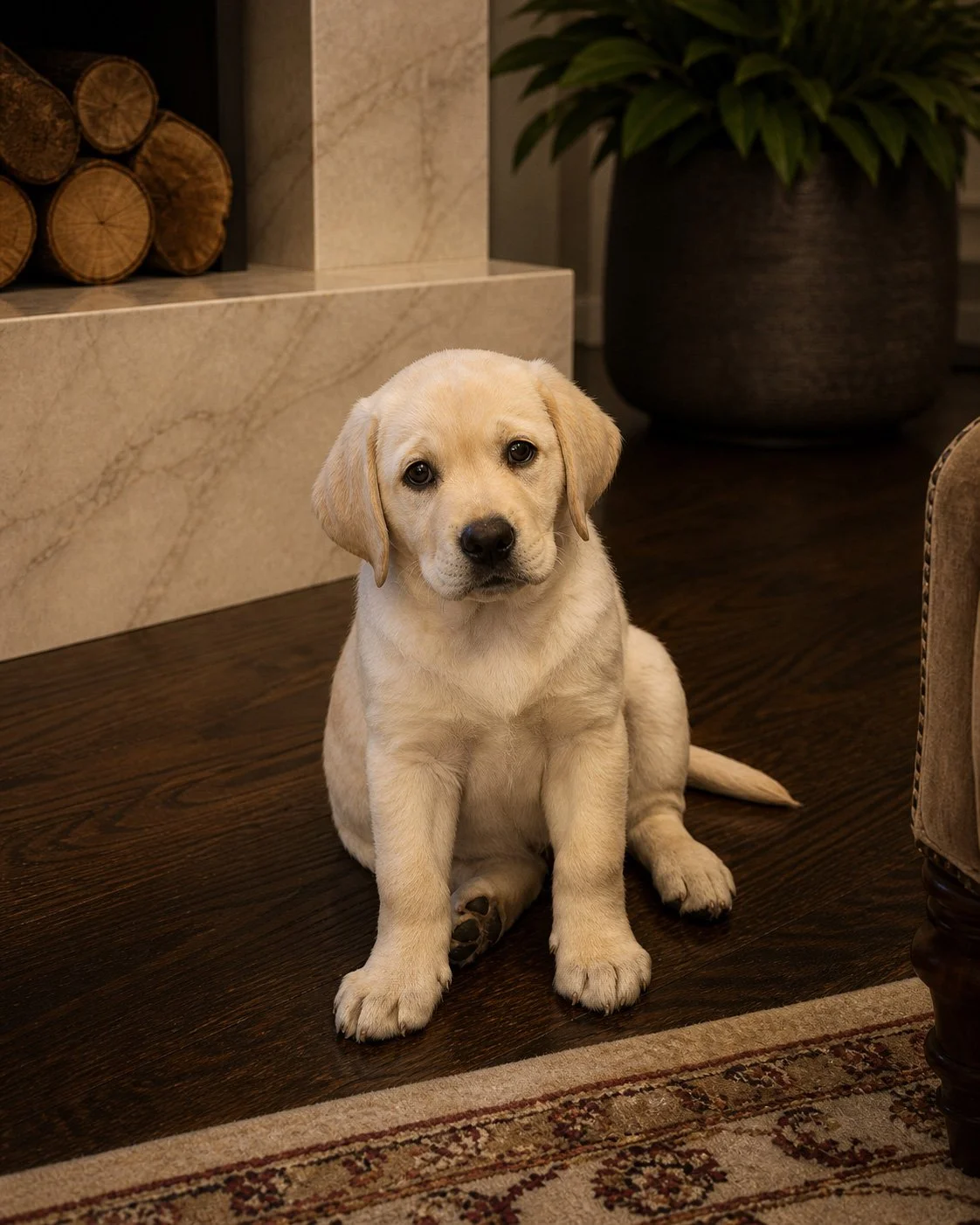 A cute yellow Labrador puppy sitting on a dark hardwood floor in a cozy indoor setting, with a large potted plant and a stack of fire logs in the background.