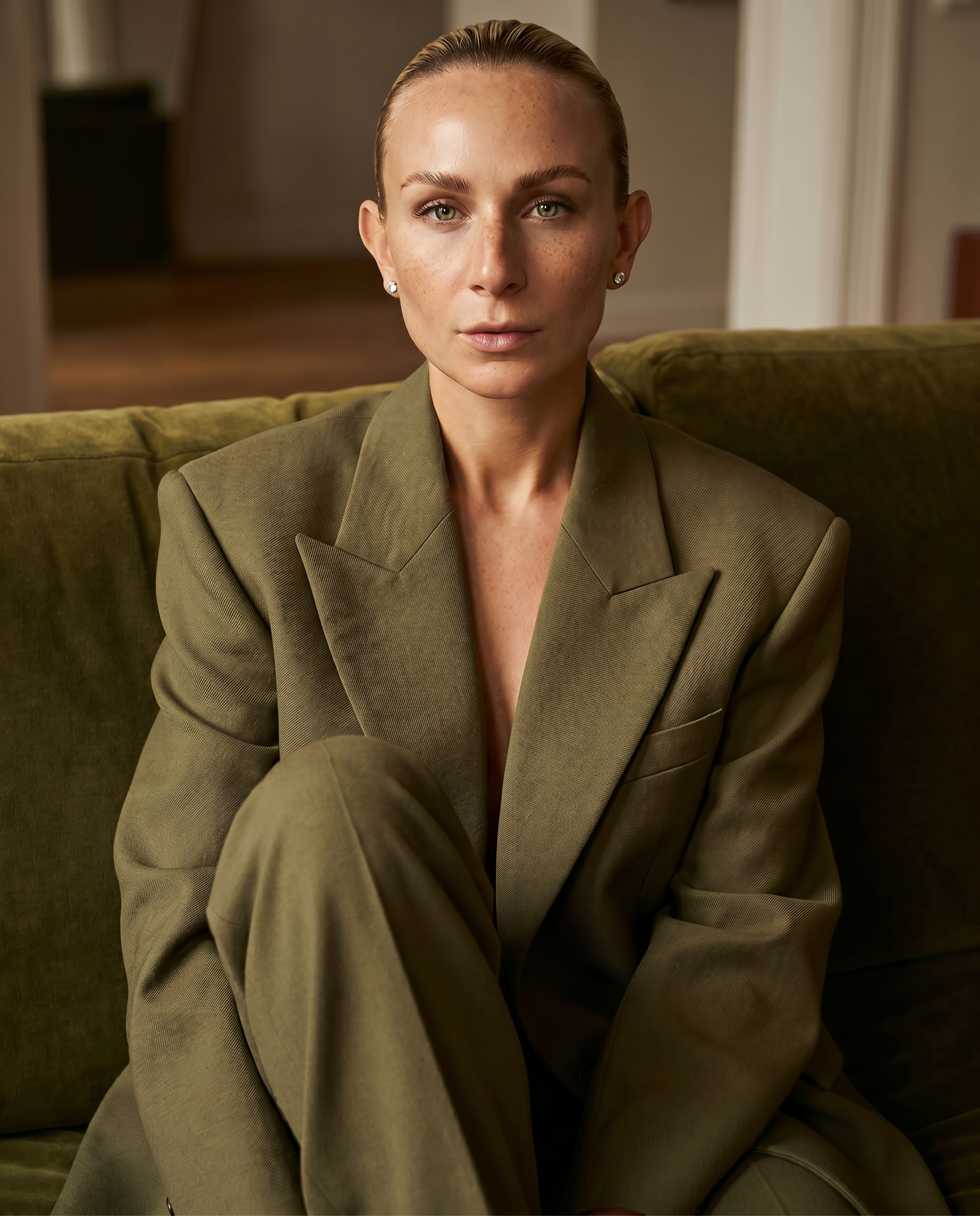 A woman with blonde hair pulled back, dressed in a brown blazer, sitting on a couch in a room with a blurred background.