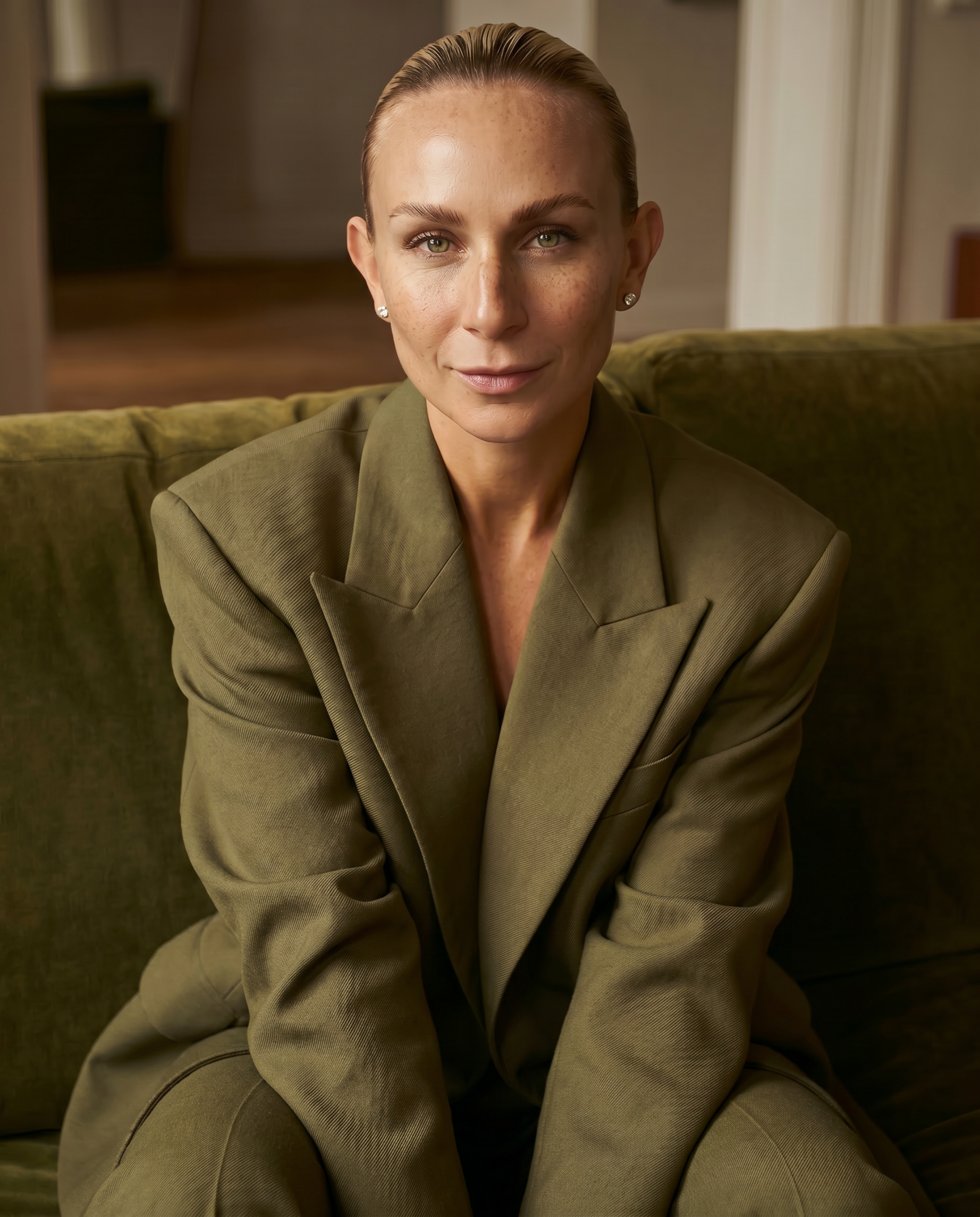 A woman with blonde hair slicked back, wearing a green blazer, sitting on a green couch, looking at the camera with a slight smile.