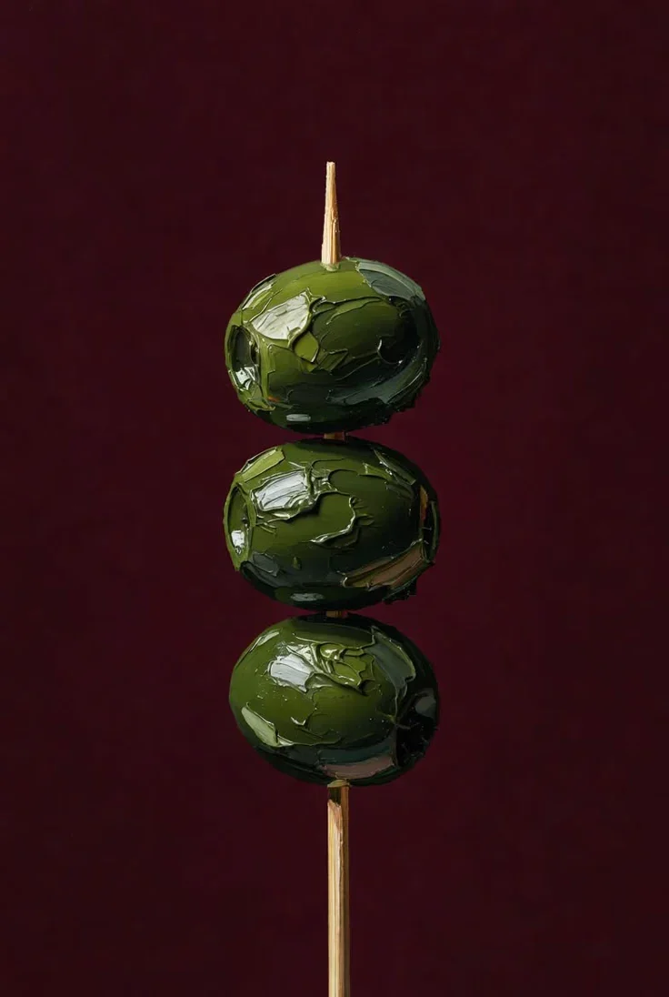 Three green olives on a skewer with a dark red background, reflecting on a surface.