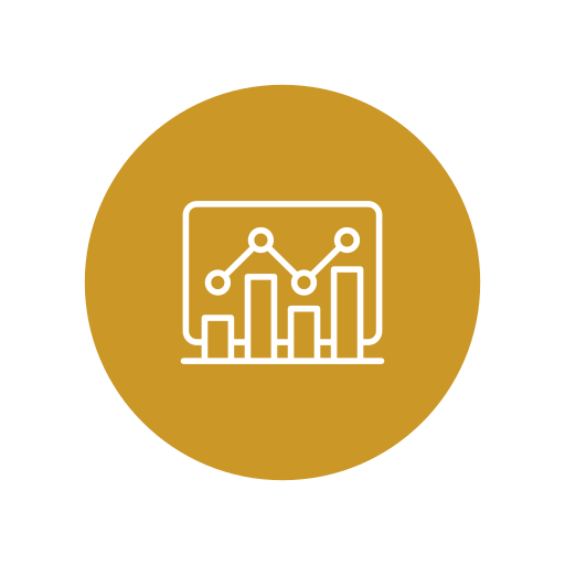 Icon of a bar chart with a line graph overlay, representing data analysis or statistics, on a gold circular background.