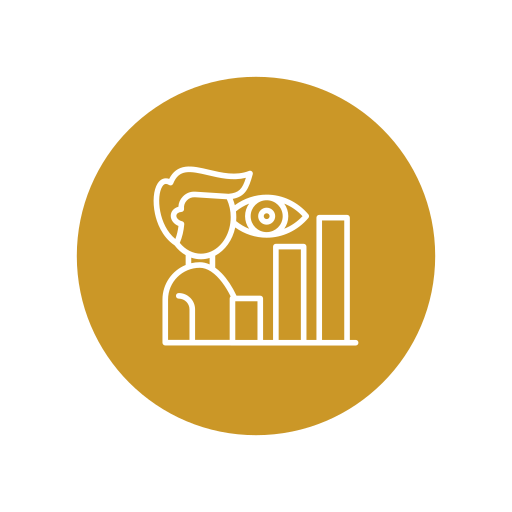 Icon of a person with an eye and ascending bar graph on a gold background.