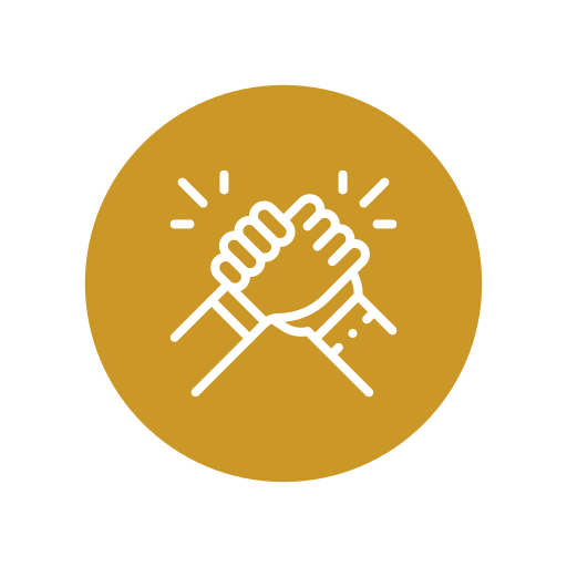 Icon of two hands clasped in a fist bump within a gold circle.