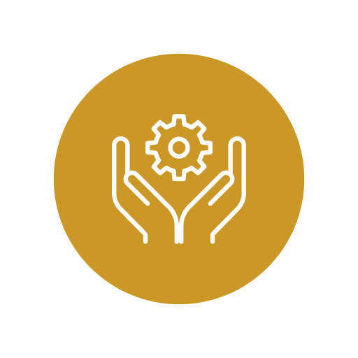 White outline of two hands holding a gear icon on a gold circular background.