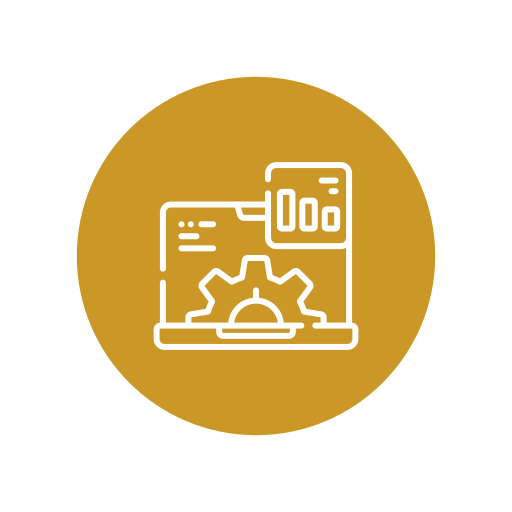 Icon of a laptop with gear and charts, representing settings or data analysis.