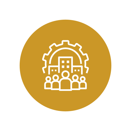 Icon of a group of people in front of a cityscape with a gear in the background, representing teamwork or collaboration.