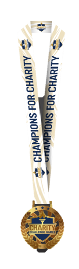 Gold medal with a white and blue ribbon that reads 'Champions for Charity' and 'Challenge Games'