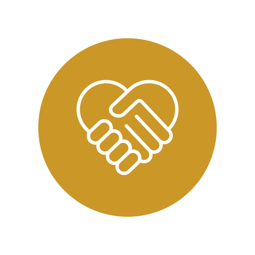 Icon of a handshake inside a heart on a gold circle background.