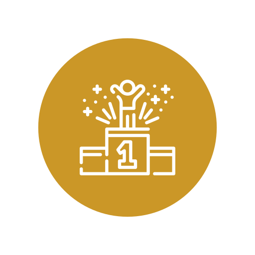 Line art icon of a person standing on a winner's podium with the number 1, celebrating with arms raised, surrounded by stars and sparkles, on a gold background.