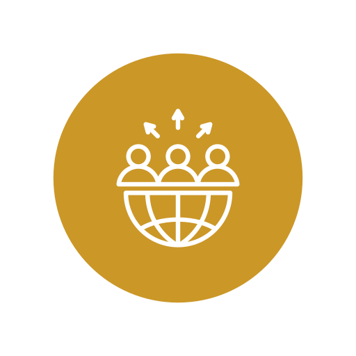 Icon of three people above a globe with upward arrows, representing global teamwork or international collaboration.