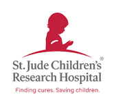 Logo of St. Jude Children's Research Hospital with a silhouette of a child reading, along with the slogan 'Finding cures. Saving children.'