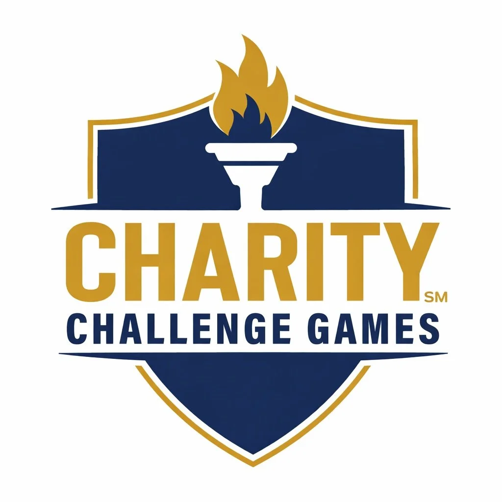 Logo for Charity Challenge Games featuring a shield, a torch with flames, and the words 'Charity Challenge Games' in gold and navy blue.