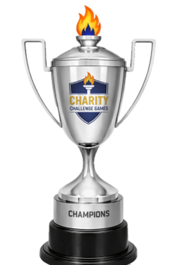 Silver trophy with two handles and a flame on top, labeled 'CHARITY CHALLENGE GAMES CHAMPIONS'.