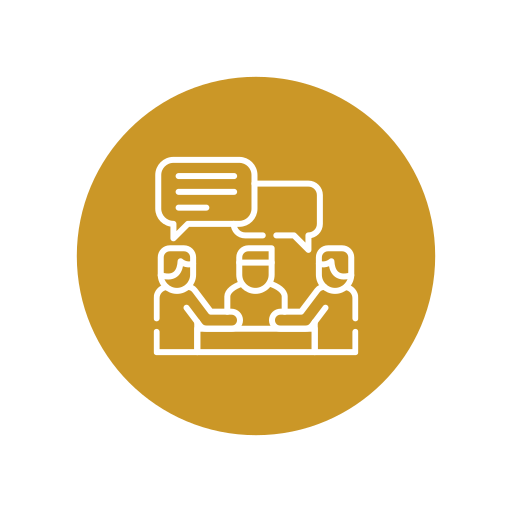 Icon of three people engaged in a discussion, with speech bubbles indicating conversation