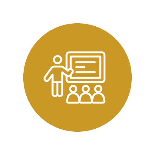 Icon of a person teaching a class with a chalkboard and three students in a gold circle