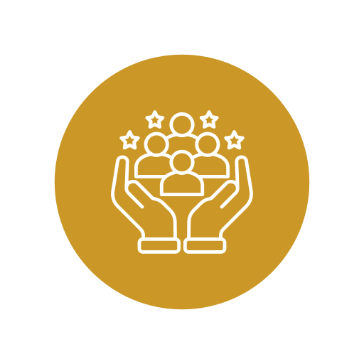 Icon of two hands holding a group of five people, with stars around them, on a gold circular background.
