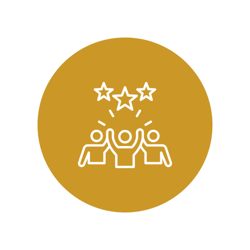 Icon of three people celebrating with three stars above them on a gold circular background.