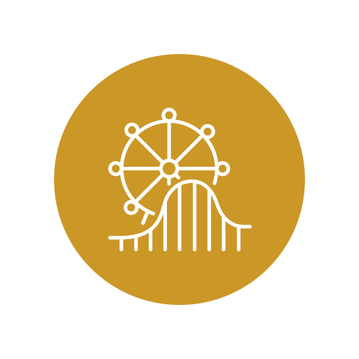 A display of a Ferris wheel with a bar chart in front of it, set against a gold circular background.