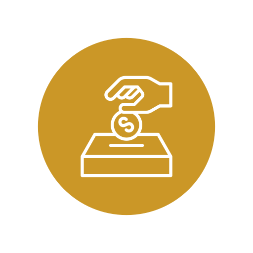 Outline of a hand dropping a coin into a donation box, on a circular gold background.