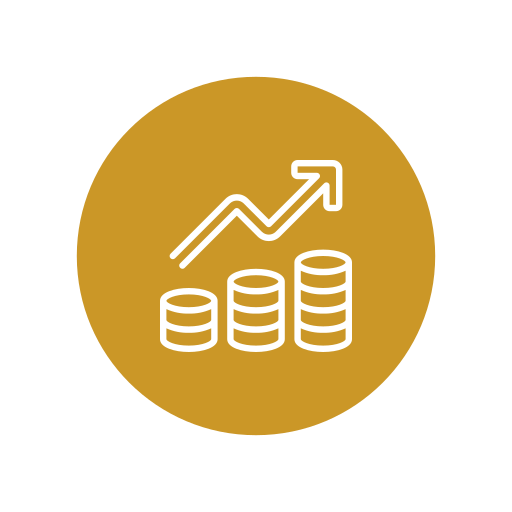 Gold circle with a white line graph and stacks of coins indicating growth or financial success.