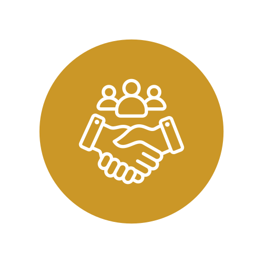 An icon of a handshake with three people above it, all inside a gold circle.