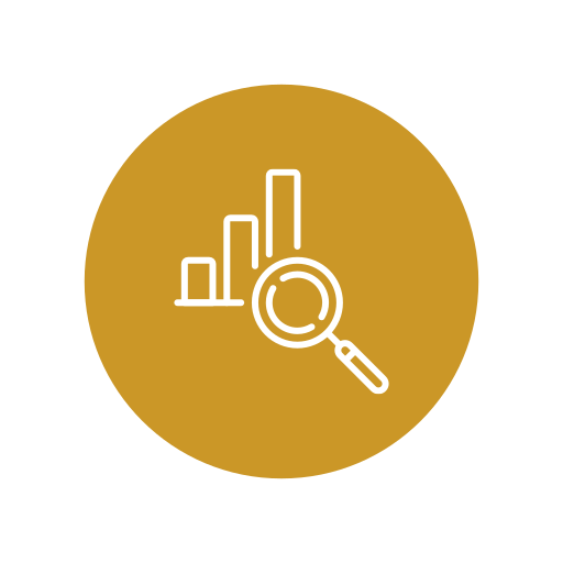 Icon of a bar chart with a magnifying glass over it, on a gold circular background.