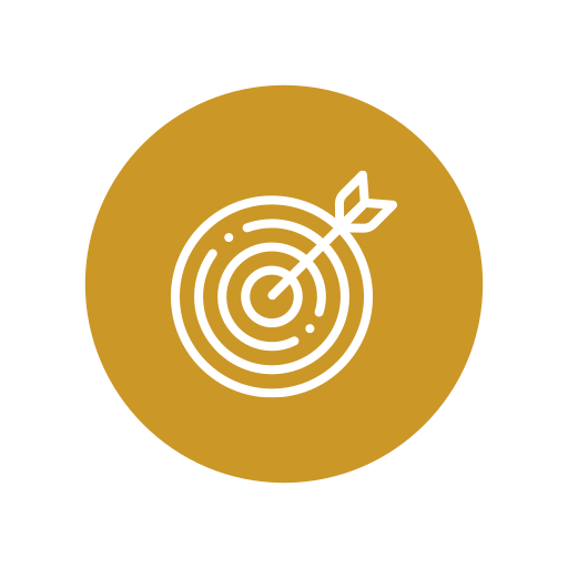 White outline of a dart hitting the bullseye on a target circle, set against a gold circular background.
