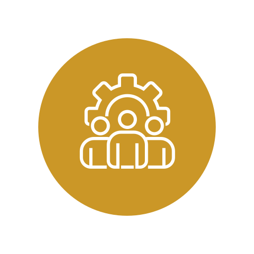 Icon showing three people in front of a gear, representing teamwork or collaboration.