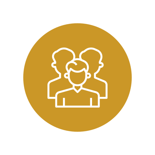 Icon of three people representing a team or group, with a gold circular background.