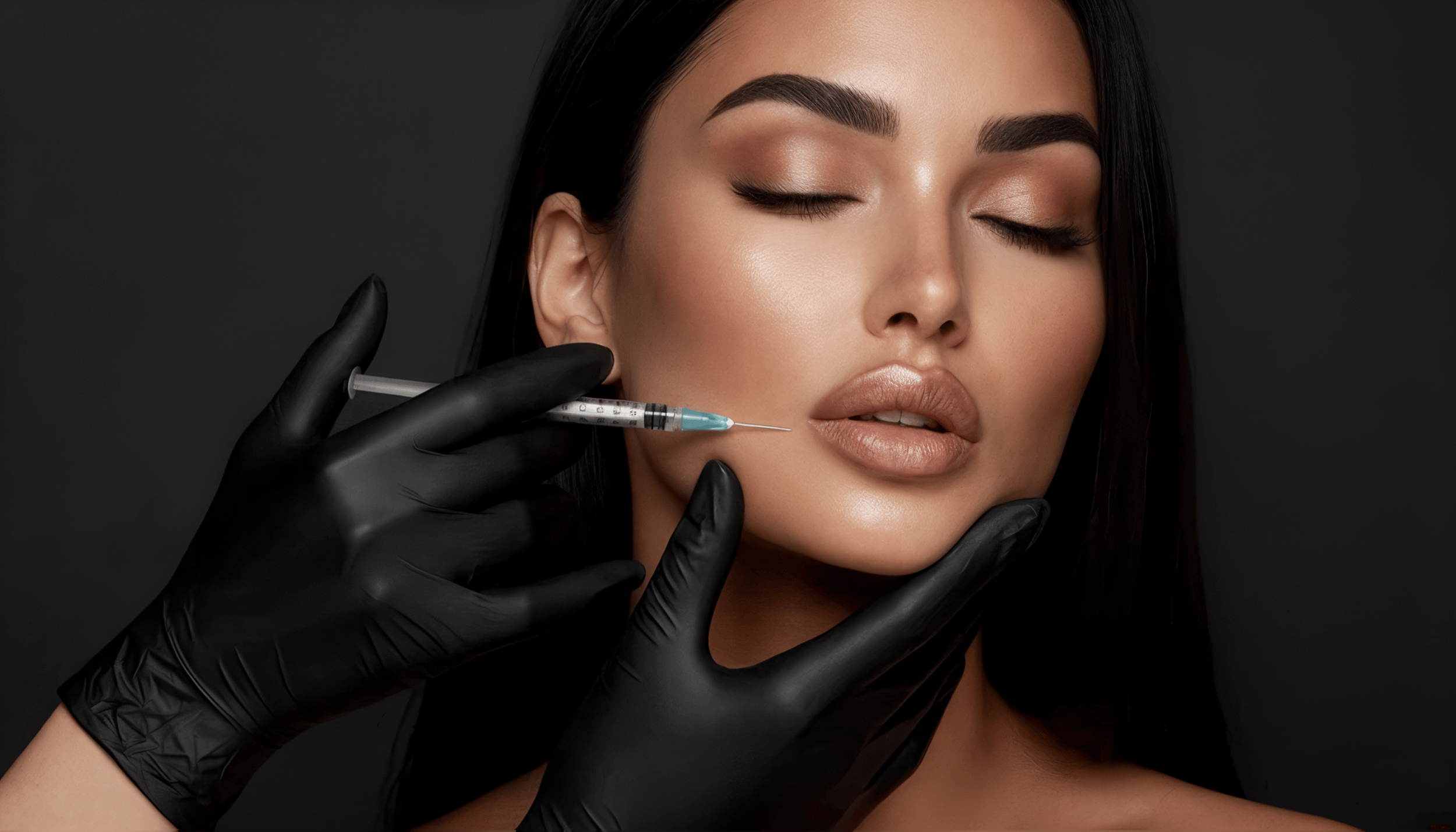 Woman with closed eyes receiving a cosmetic injection in her lips from a person wearing black gloves against a dark background.