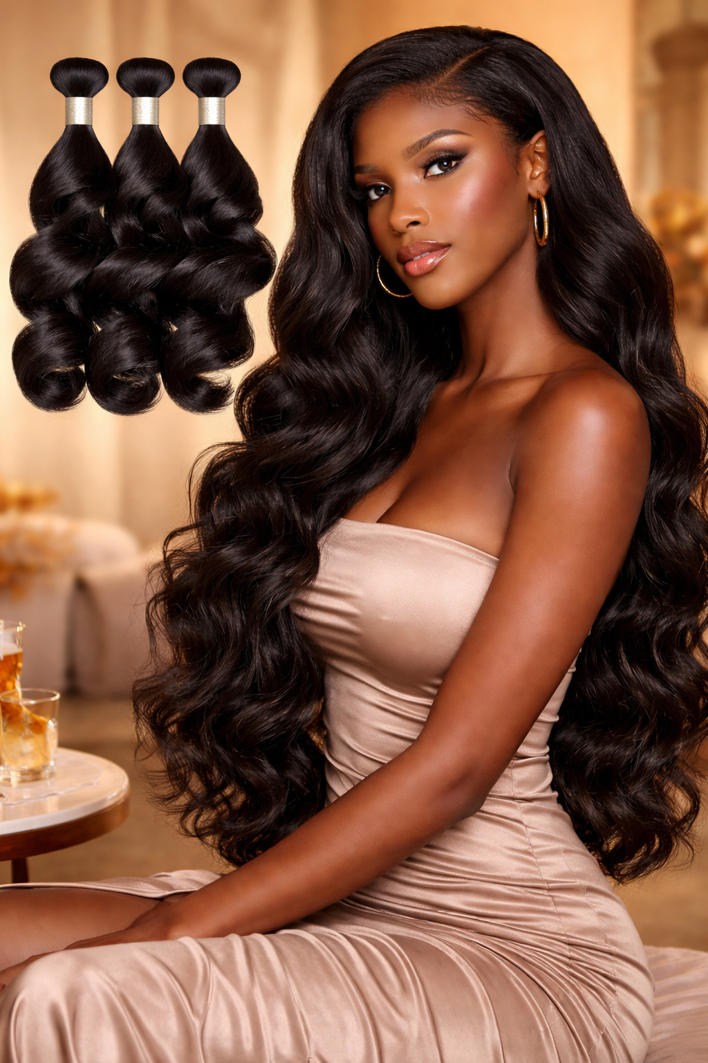 A woman with long, wavy black hair, wearing gold hoop earrings and a strapless beige dress, sitting in an elegant room with a warm background and hair bundles in the foreground.