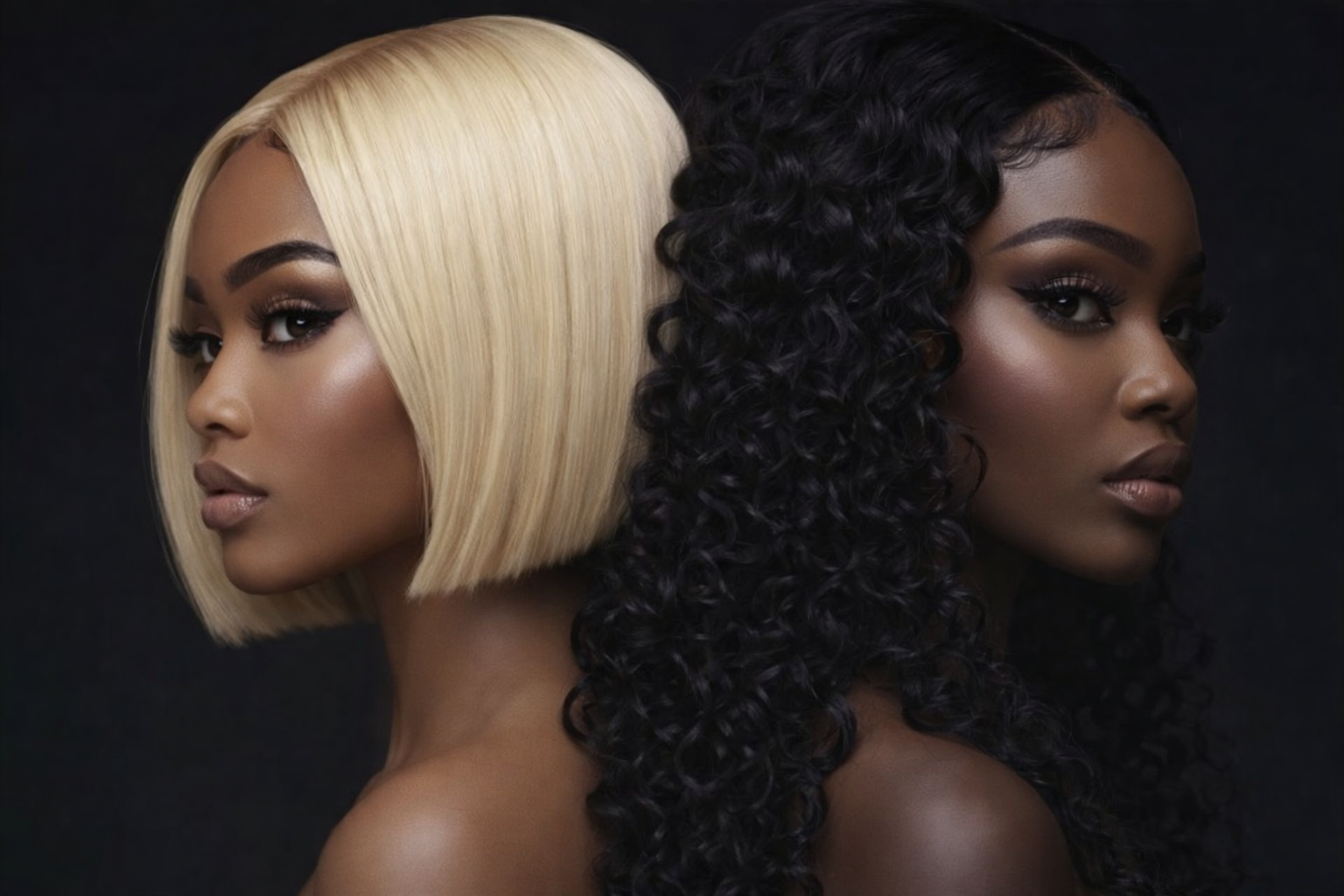 Two women with glamorous makeup and textured hairstyles, one with platinum blonde bob and the other with dark curly hair, standing back to back against a dark background.